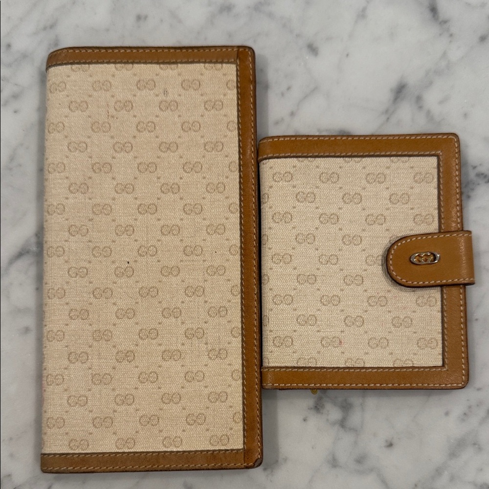 Gucci Tan and Brown Wallet Duo wallet, and checkbook case.